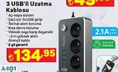 PİRANHA AKIM KORUMALI 3 USB'Lİ UZATMA KABLOSU